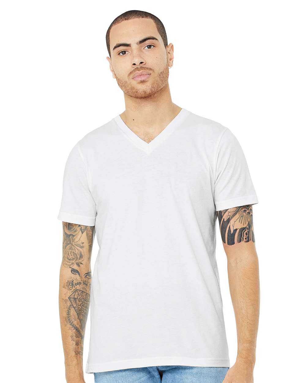Unisex Heather CVC V-Neck Tee - OnModelFront - B03506012 - Solid White Blend