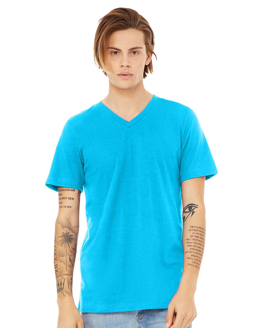 Unisex Heather CVC V-Neck Tee - OnModelFront - B03506062 - Neon Blue