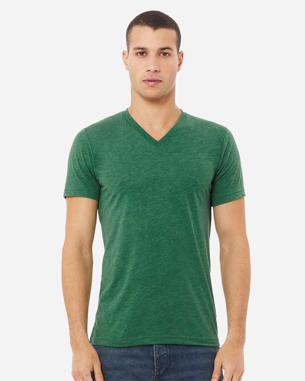 Unisex Heather CVC V-Neck Tee - OnModelFront - B03506192 - Heather Grass Green