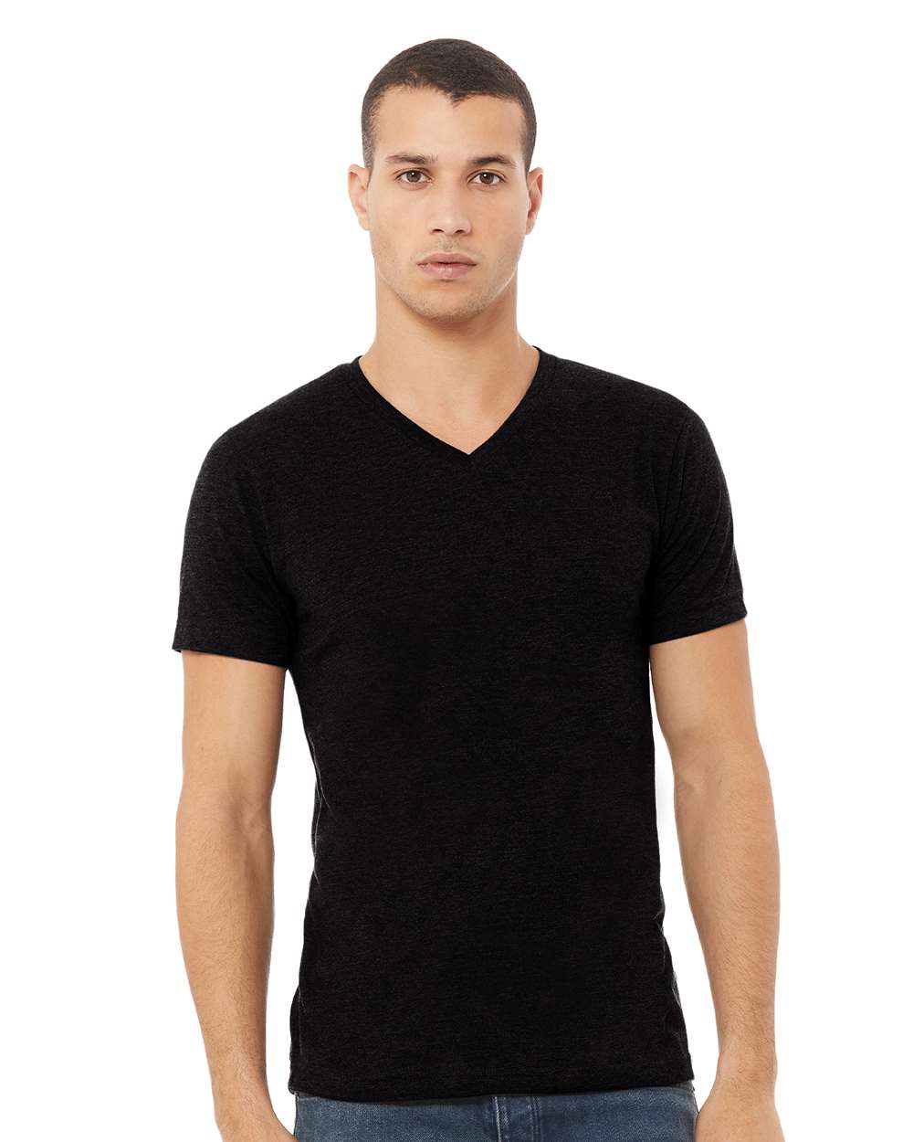 Unisex Heather CVC V-Neck Tee - OnModelFront - B03506512 - Solid Black Blend