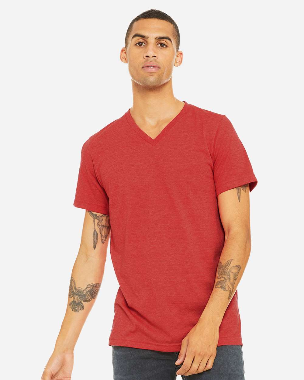 Unisex Heather CVC V-Neck Tee - OnModelFront - B03506712 - Heather Red