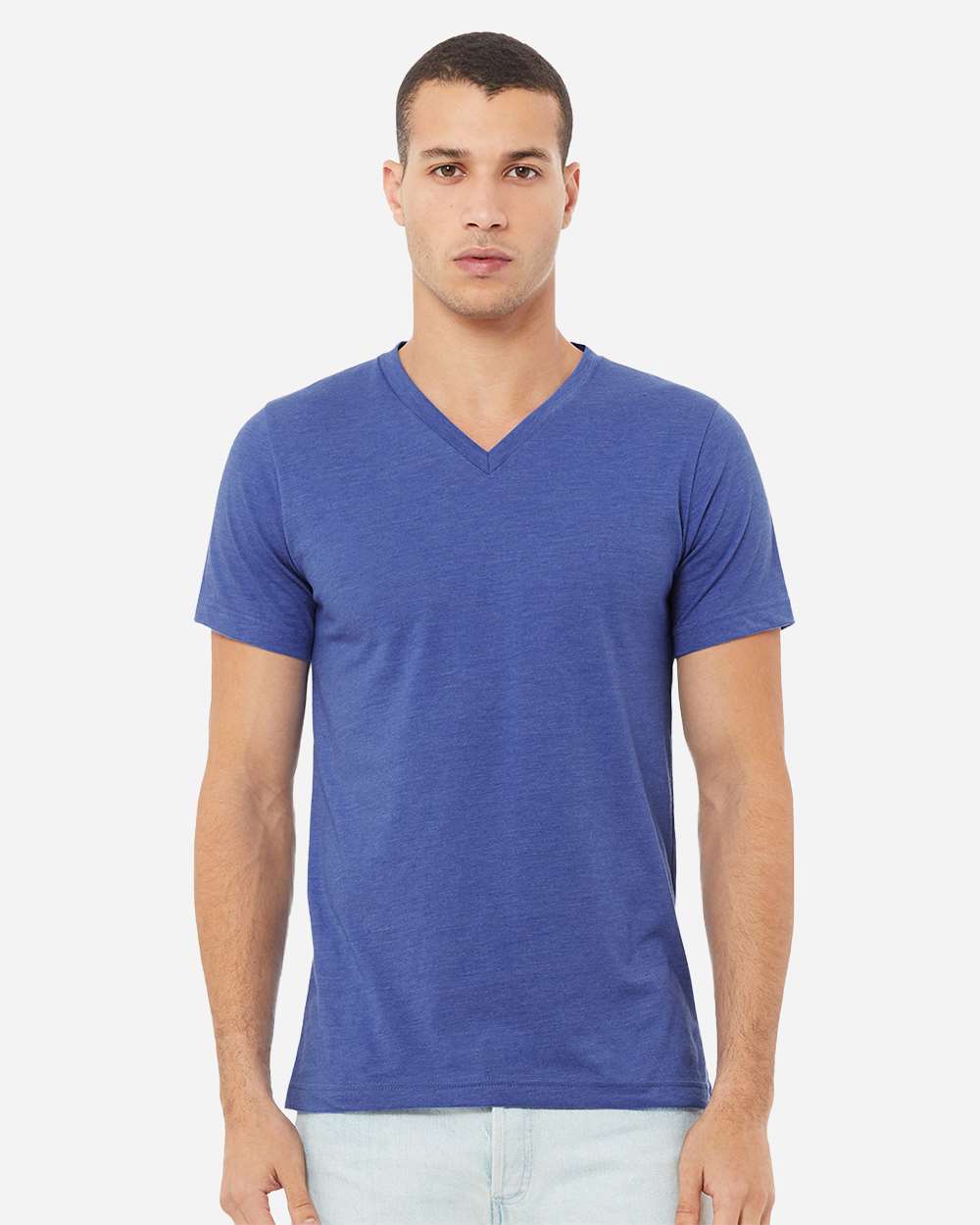 Unisex Heather CVC V-Neck Tee - OnModelFront - B03506762 - Heather True Royal