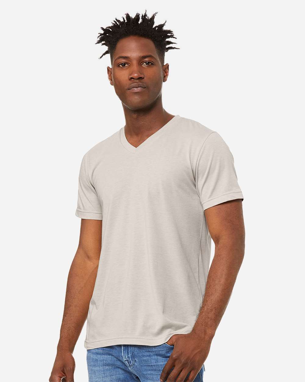 Unisex Heather CVC V-Neck Tee - OnModelFront - B03506982 - Heather Dust