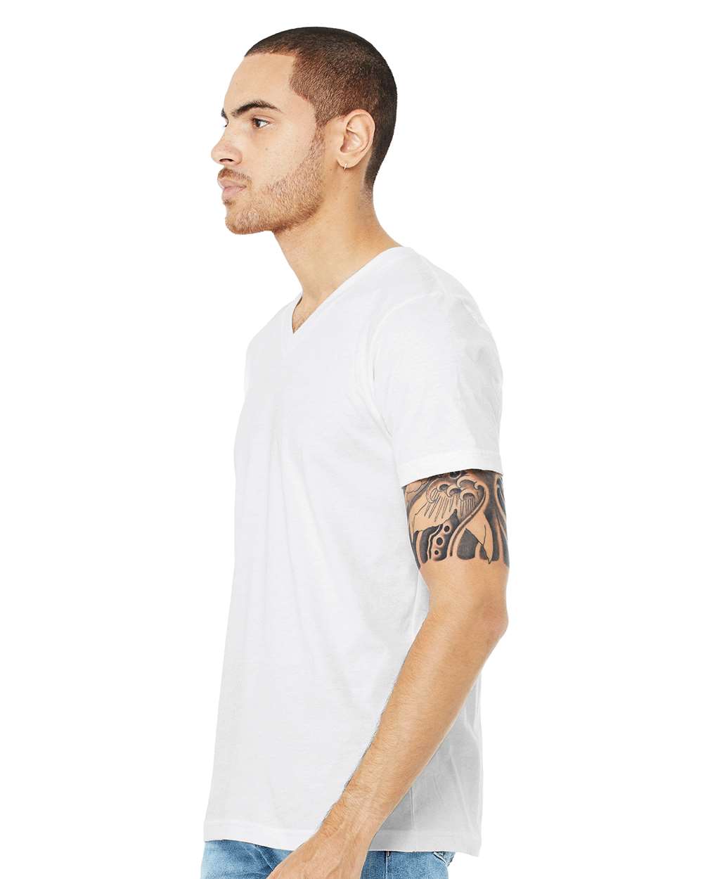 Unisex Heather CVC V-Neck Tee - OnModelSide - B03506012 - Solid White Blend