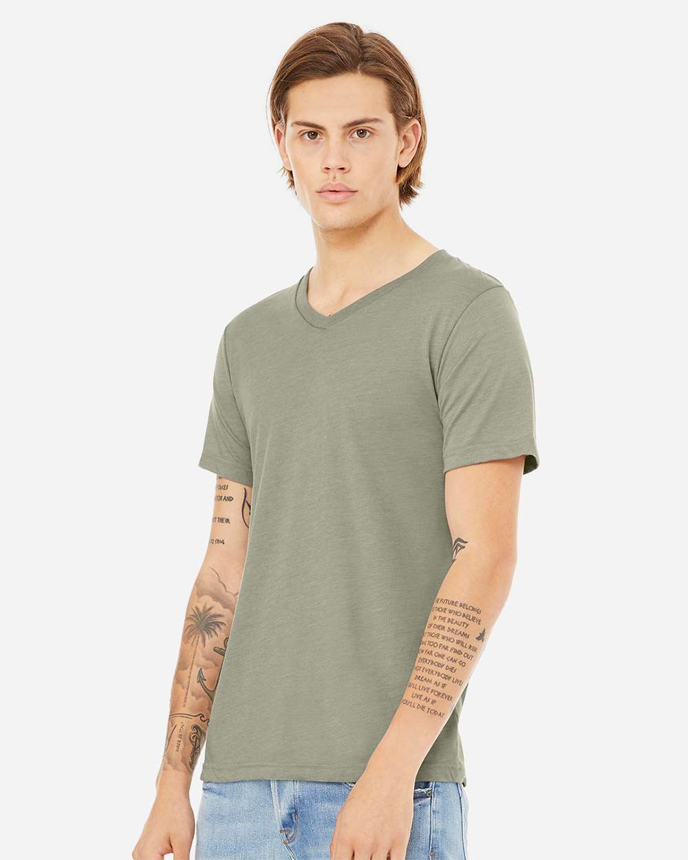 Unisex Heather CVC V-Neck Tee - OnModelSide - B03506132 - Heather Stone