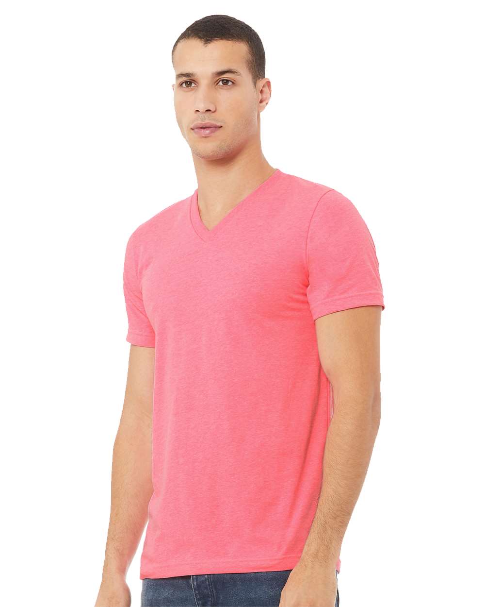 Unisex Heather CVC V-Neck Tee - OnModelSide - B03506142 - Neon Pink