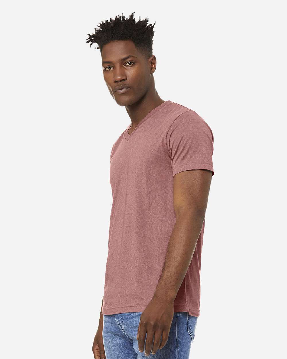 Unisex Heather CVC V-Neck Tee - OnModelSide - B03506272 - Heather Mauve