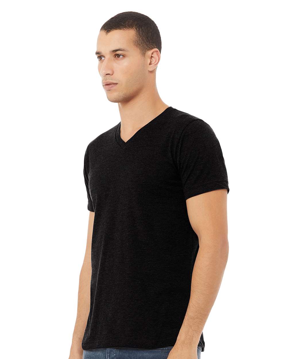 Unisex Heather CVC V-Neck Tee - OnModelSide - B03506512 - Solid Black Blend
