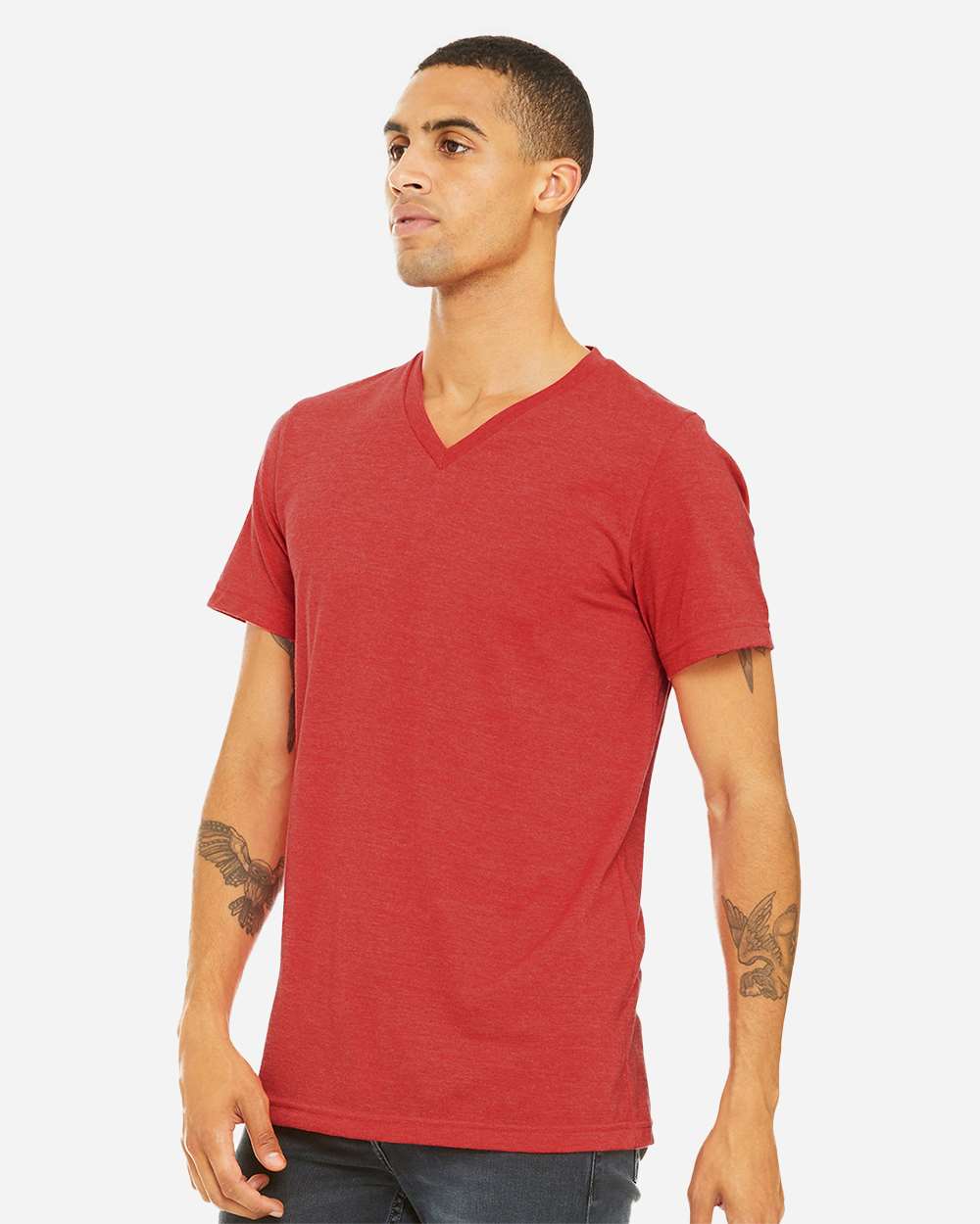 Unisex Heather CVC V-Neck Tee - OnModelSide - B03506712 - Heather Red