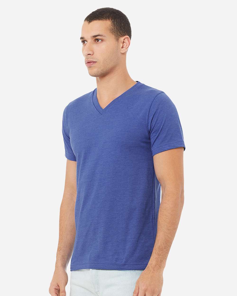 Unisex Heather CVC V-Neck Tee - OnModelSide - B03506762 - Heather True Royal