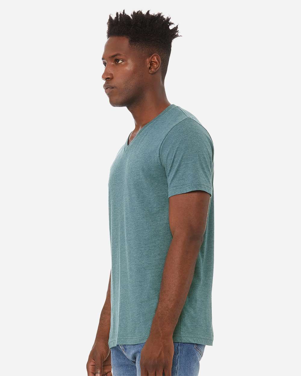 Unisex Heather CVC V-Neck Tee - OnModelSide - B03506772 - Heather Deep Teal