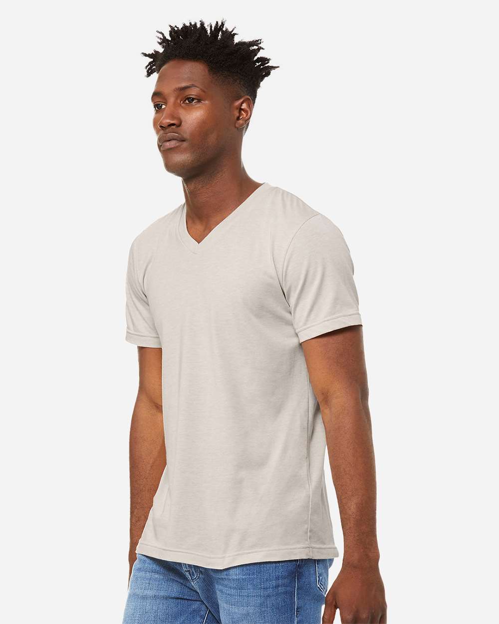 Unisex Heather CVC V-Neck Tee - OnModelSide - B03506982 - Heather Dust