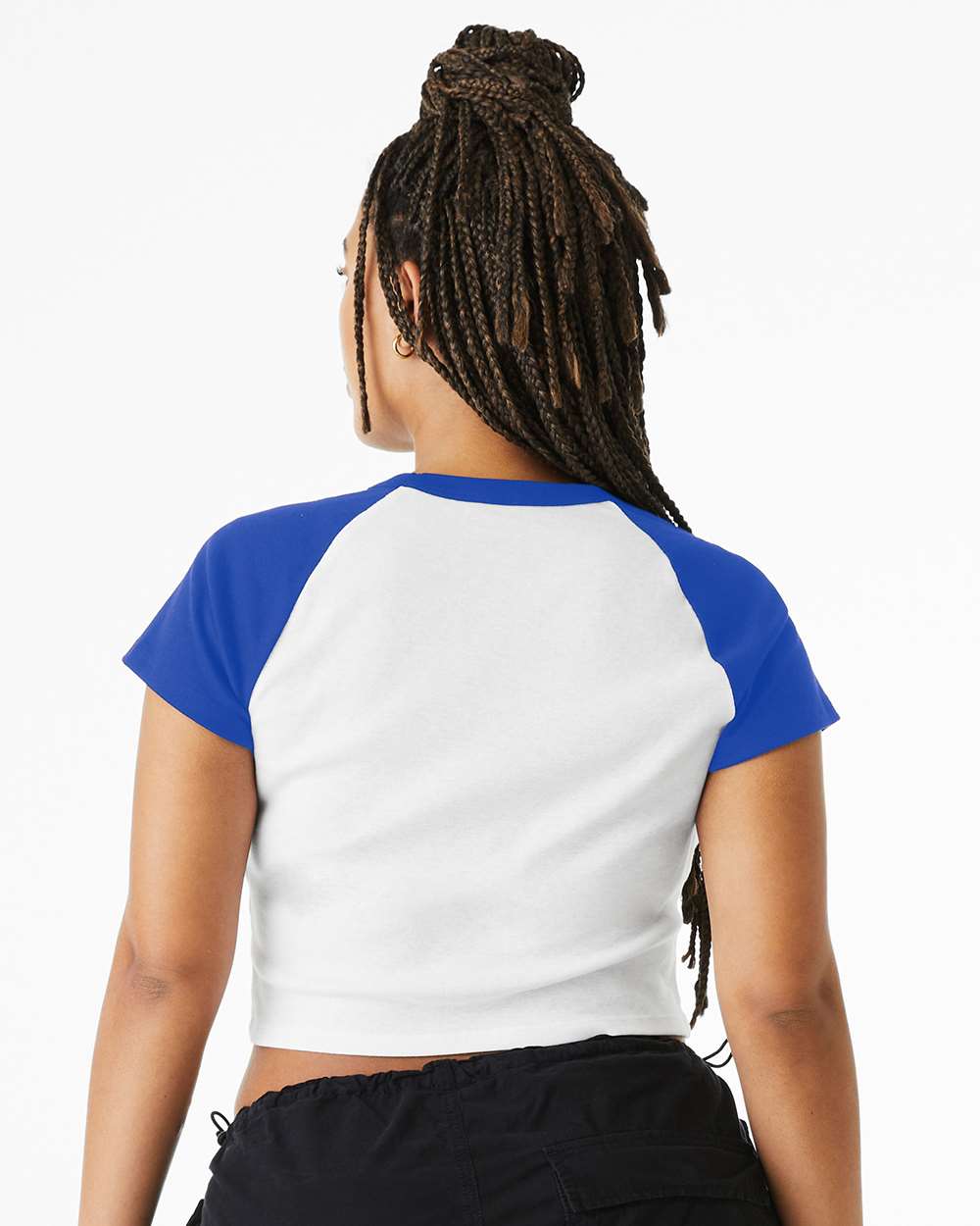 Women's Micro Rib Raglan Baby Tee - OnModelBack - B16006112 - White/ True Royal