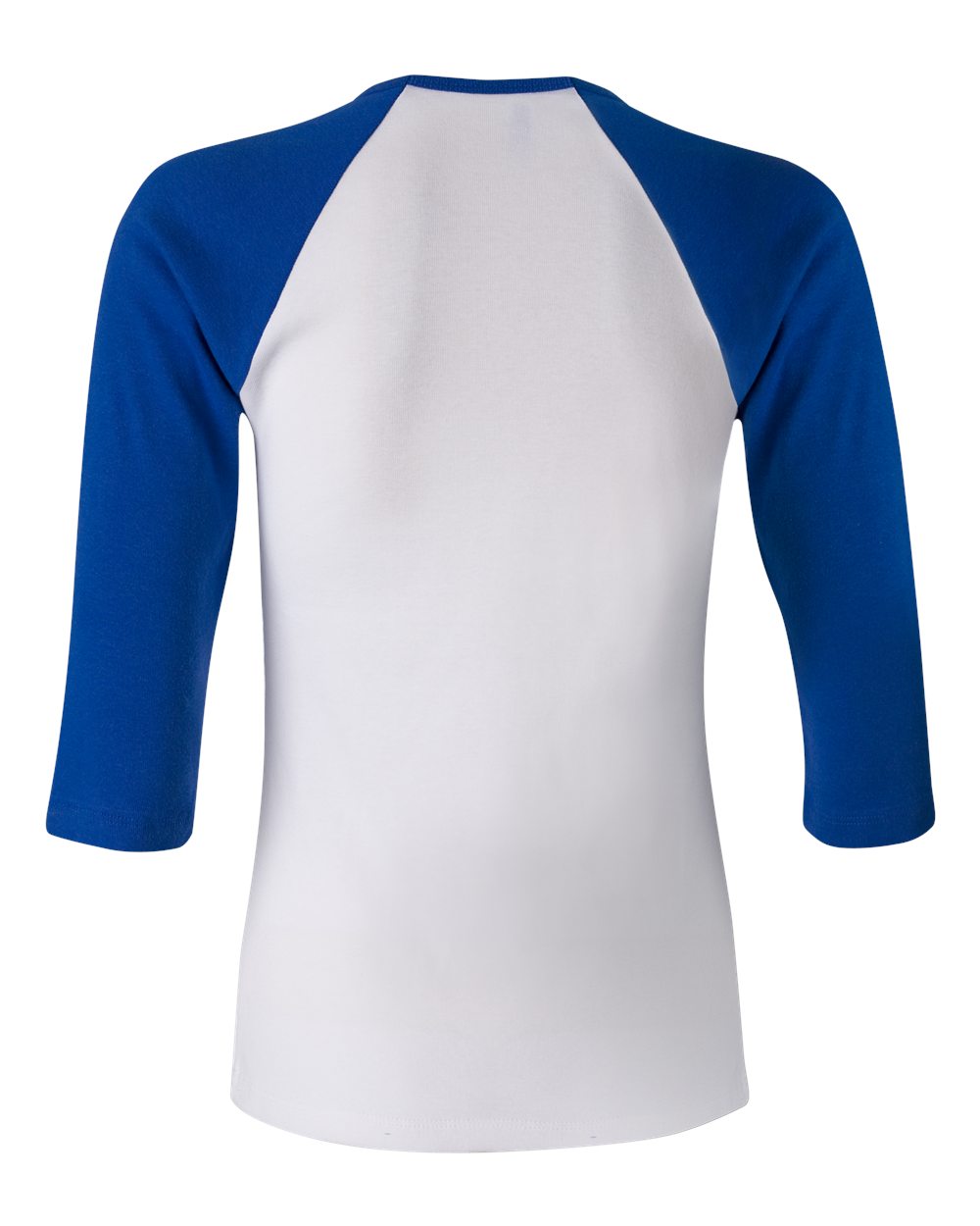 Women’s 1X1 Baby Rib Raglan Three-Quarter Sleeve Tee - Back - B54806753 - White/ True Royal