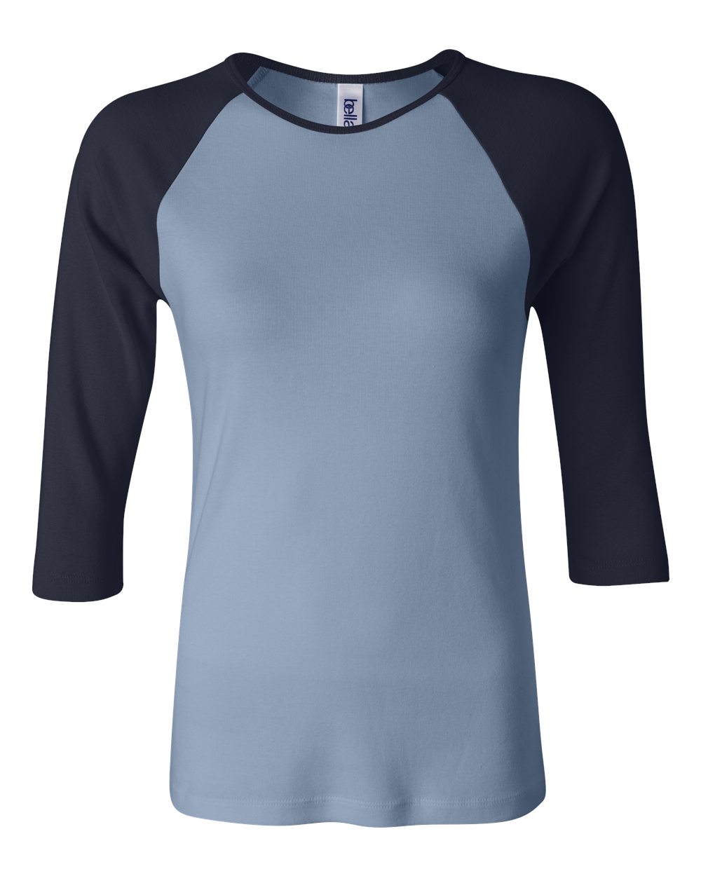 Women’s 1X1 Baby Rib Raglan Three-Quarter Sleeve Tee - Front - B54806263 - Baby Blue/ Navy