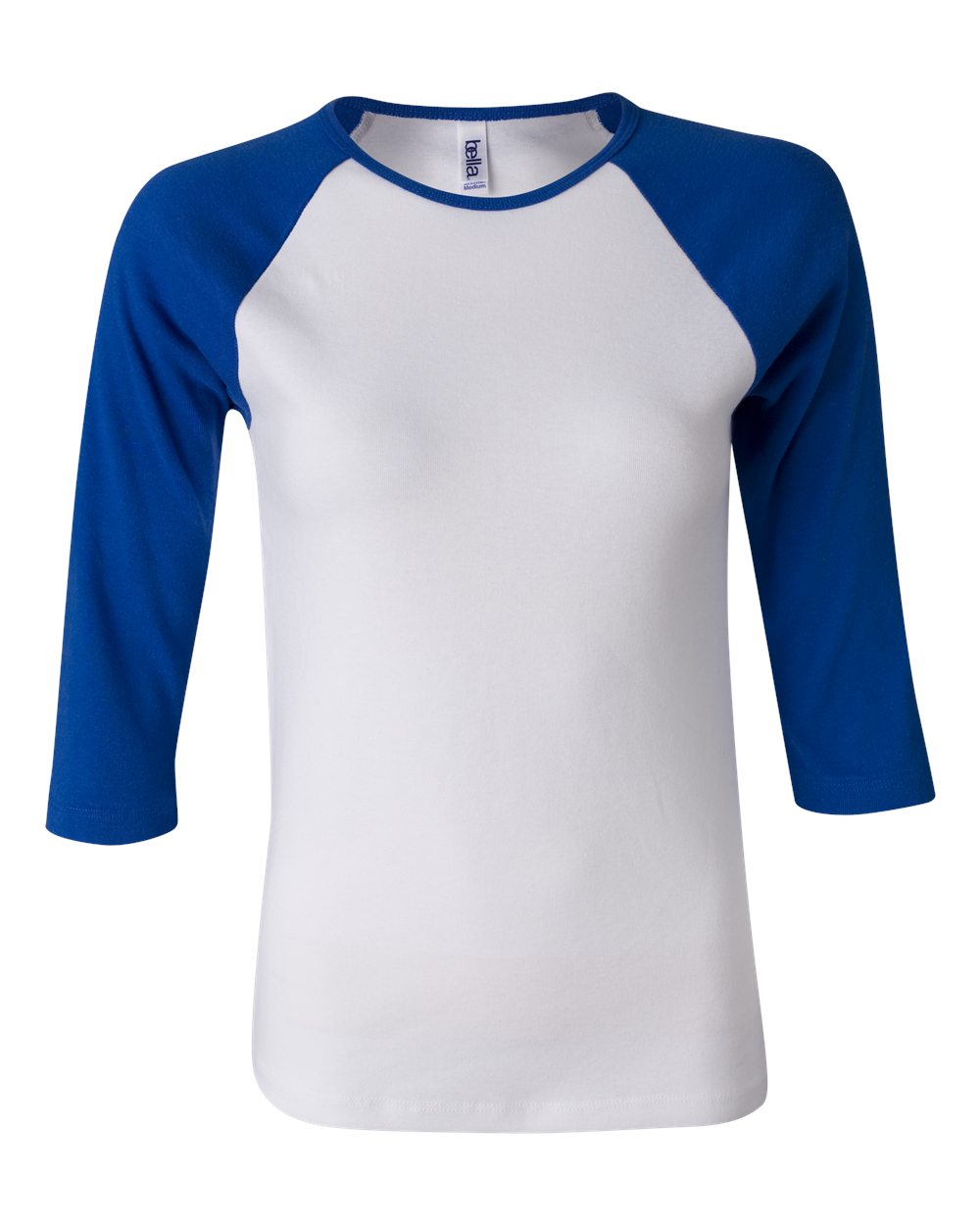 Women’s 1X1 Baby Rib Raglan Three-Quarter Sleeve Tee - Front - B54806753 - White/ True Royal
