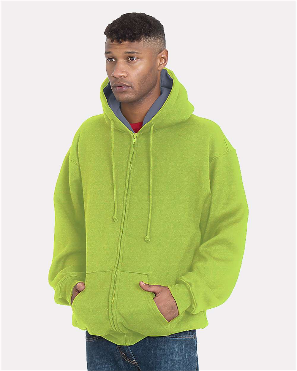 Unisex USA-Made Super Heavy Thermal Lined Full-Zip Hooded Sweatshirt - OnModelFront - B05379174 - Lime Green/ Dark Grey
