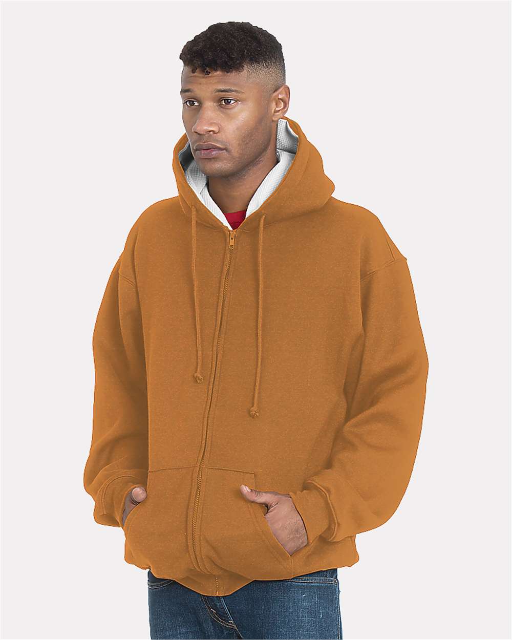Unisex USA-Made Super Heavy Thermal Lined Full-Zip Hooded Sweatshirt - OnModelFront - B05379554 - Caramel Brown/ Cream