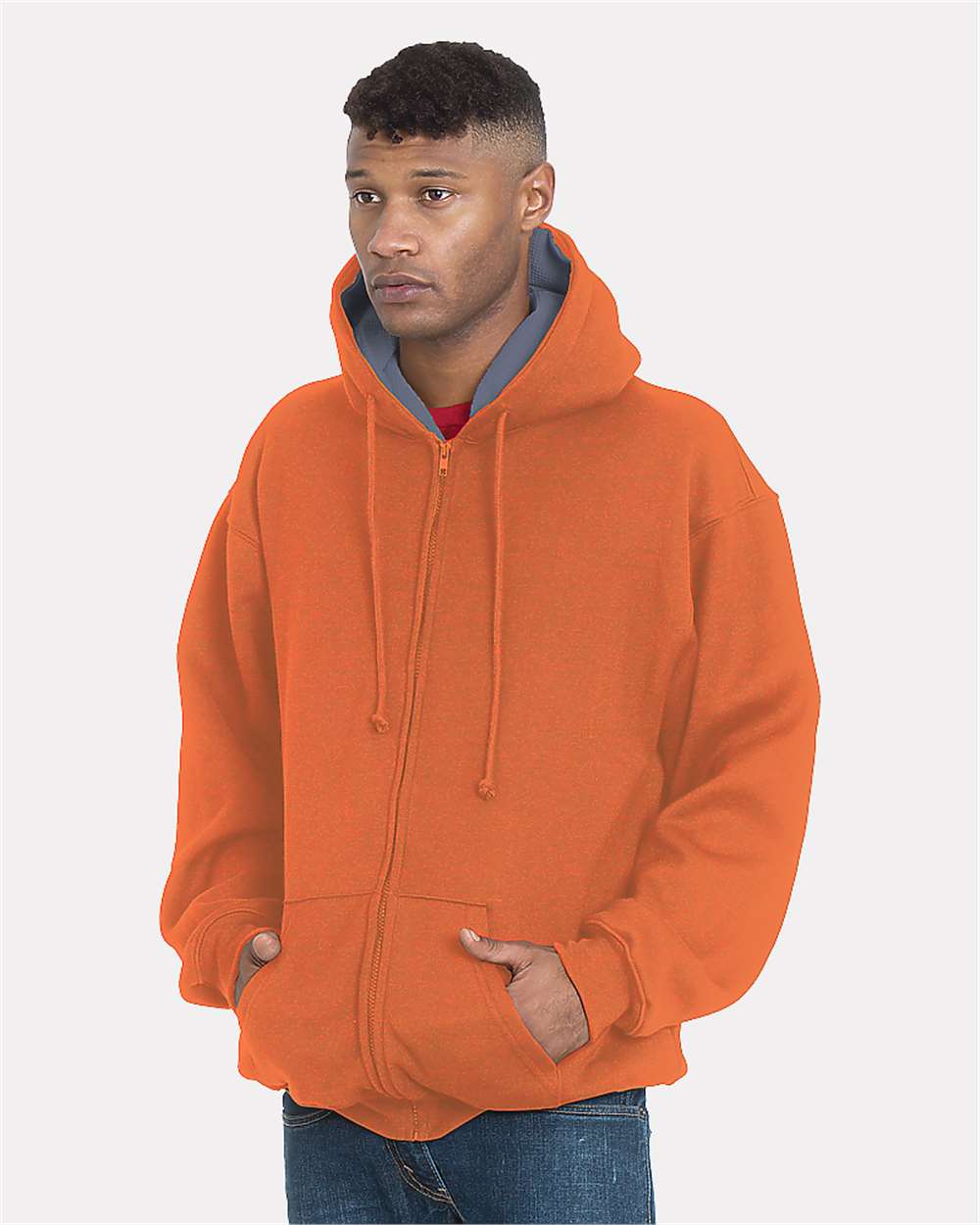 Unisex USA-Made Super Heavy Thermal Lined Full-Zip Hooded Sweatshirt - OnModelFront - B05379664 - Bright Orange/ Dark Grey