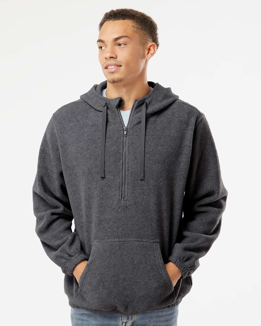 Men's Polar Fleece Quarter-Zip Hooded Pullover - OnModelFront - B16986093 - Heather Charcoal