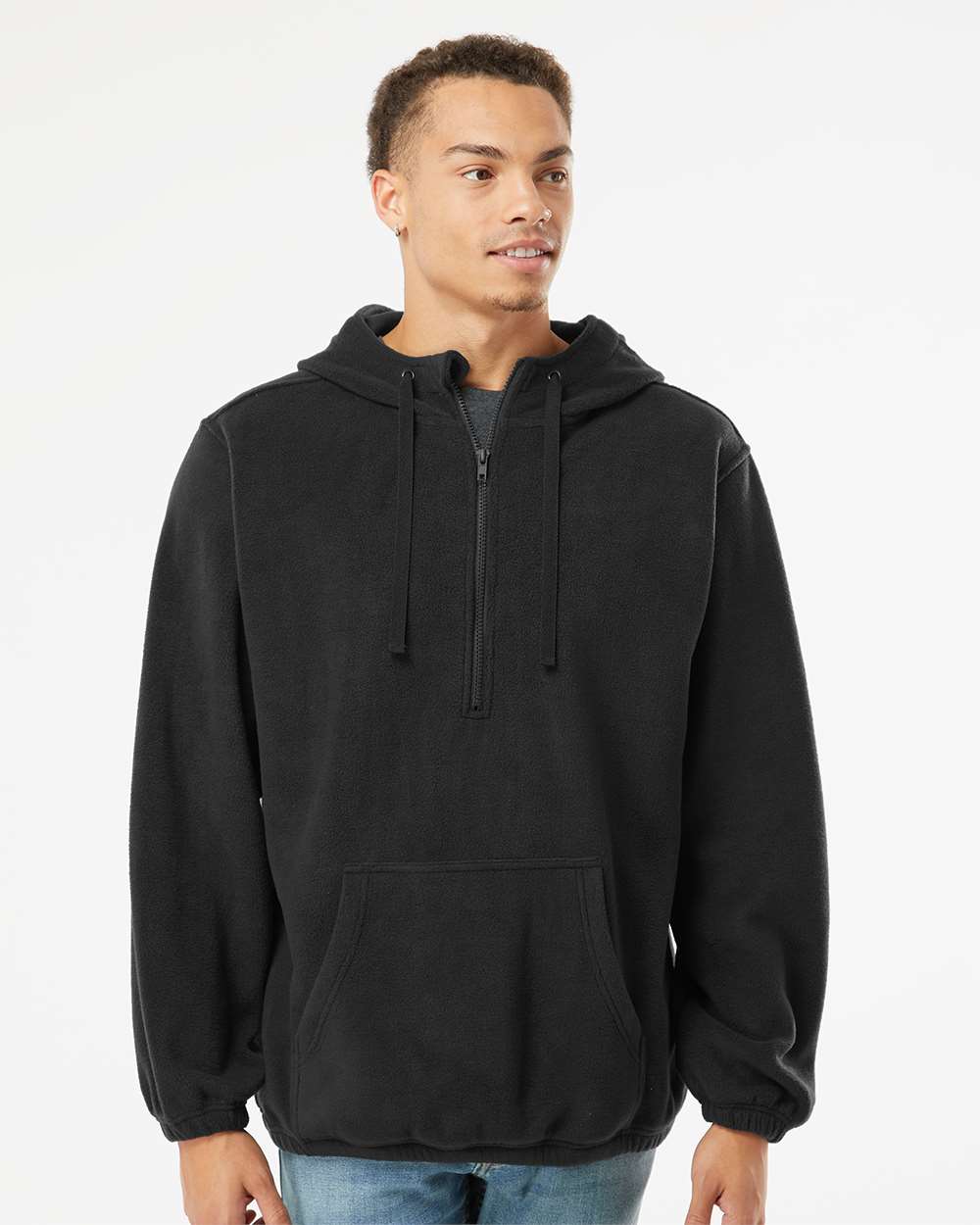 Men's Polar Fleece Quarter-Zip Hooded Pullover - OnModelFront - B16986503 - Black