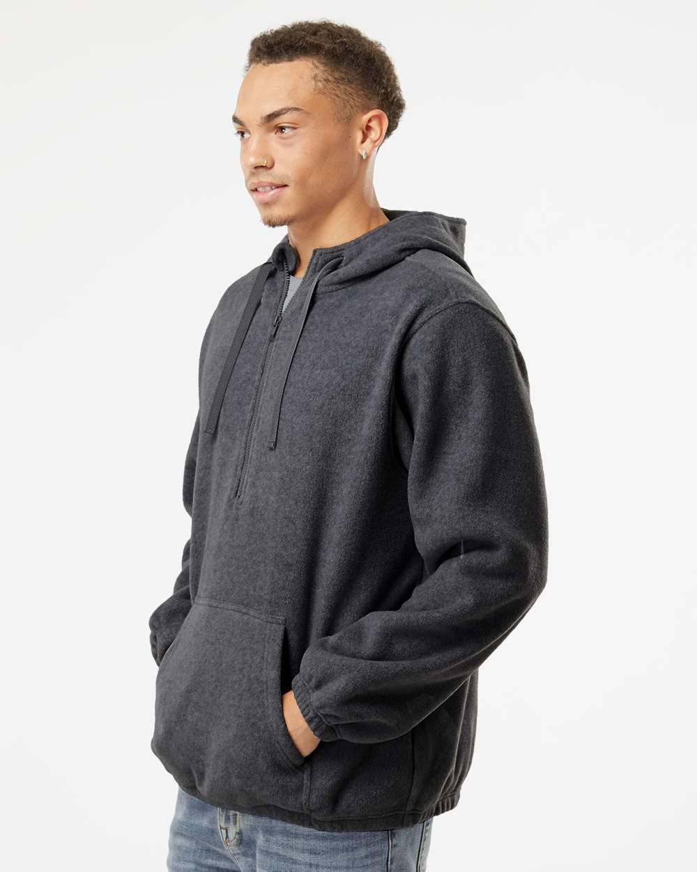 Men's Polar Fleece Quarter-Zip Hooded Pullover - OnModelSide - B16986093 - Heather Charcoal