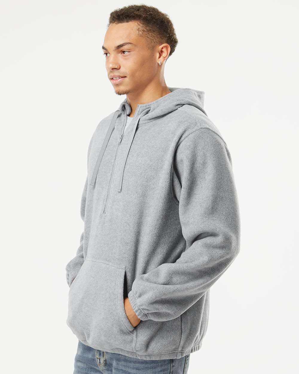Men's Polar Fleece Quarter-Zip Hooded Pullover - OnModelSide - B16986103 - Heather Grey