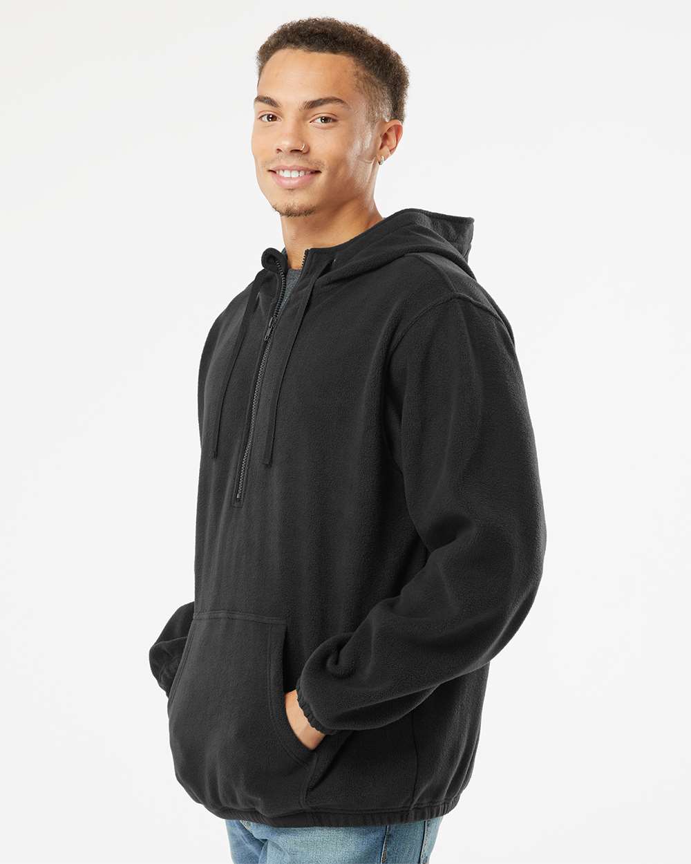 Men's Polar Fleece Quarter-Zip Hooded Pullover - OnModelSide - B16986503 - Black
