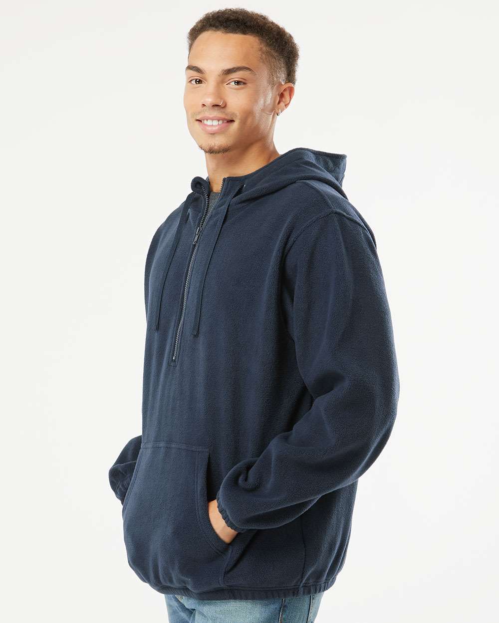 Men's Polar Fleece Quarter-Zip Hooded Pullover - OnModelSide - B16986653 - Navy