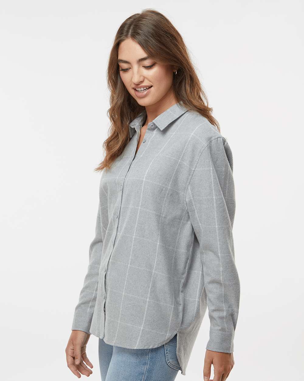 Women's Boyfriend Flannel - OnModelSide - B12986093 - Grey/ White