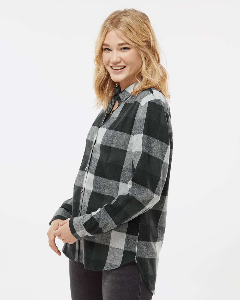 Women's Boyfriend Flannel - OnModelSide - B12986584 - Black/ Grey