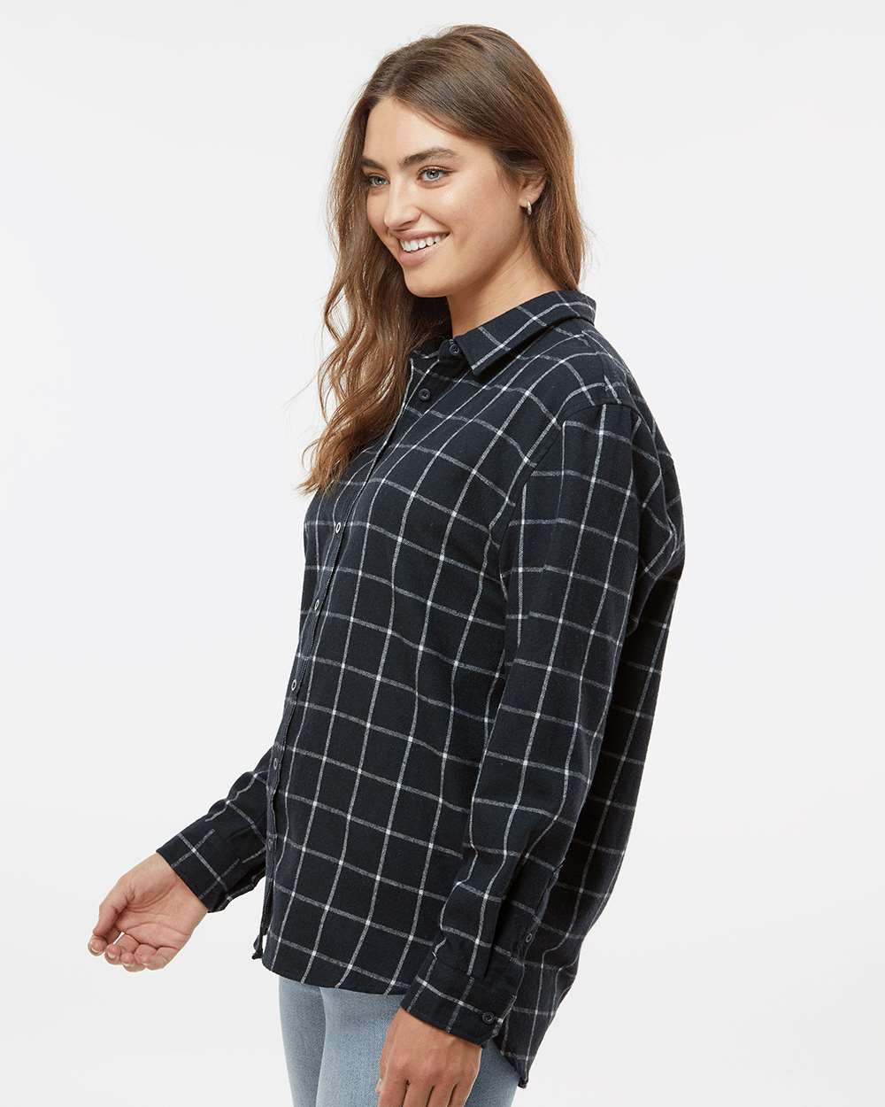 Women's Boyfriend Flannel - OnModelSide - B12986663 - Navy/ White
