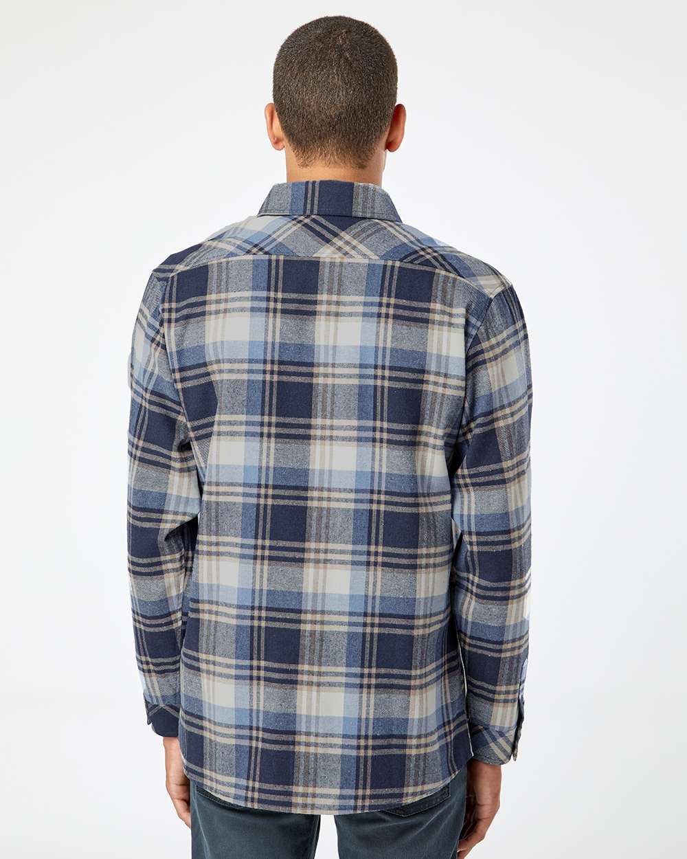 Men's Open Pocket Flannel Shirt - OnModelBack - B14786253 - Blue/ Ecru