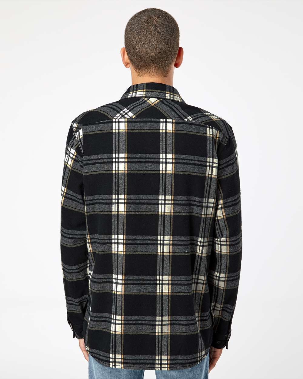 Men's Open Pocket Flannel Shirt - OnModelBack - B14786503 - Black/ Ecru
