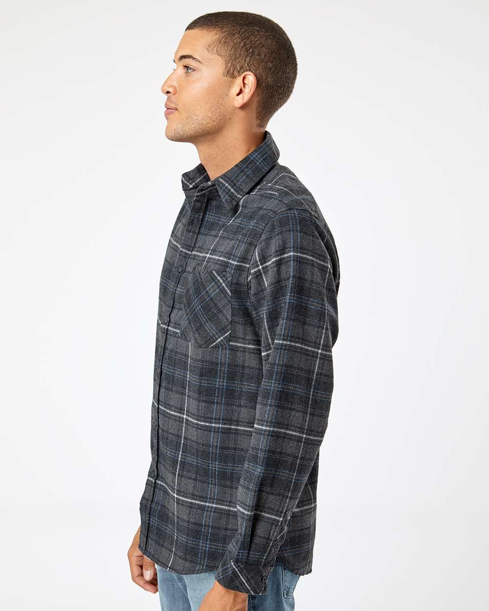 Men's Open Pocket Flannel Shirt - OnModelBack - B14786583 - Charcoal/ Blue