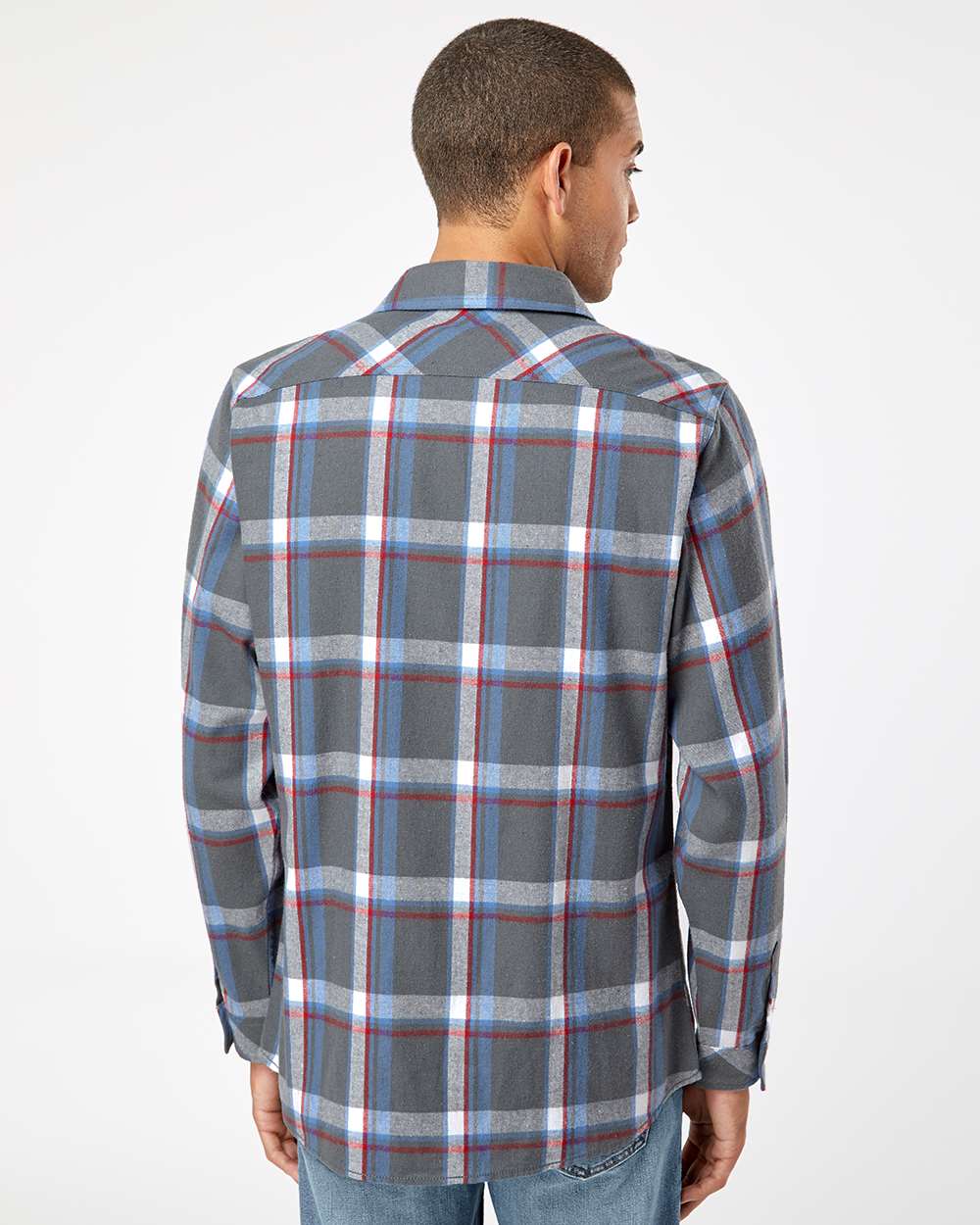 Men's Open Pocket Flannel Shirt - OnModelBack - B14786683 - Steel/ White