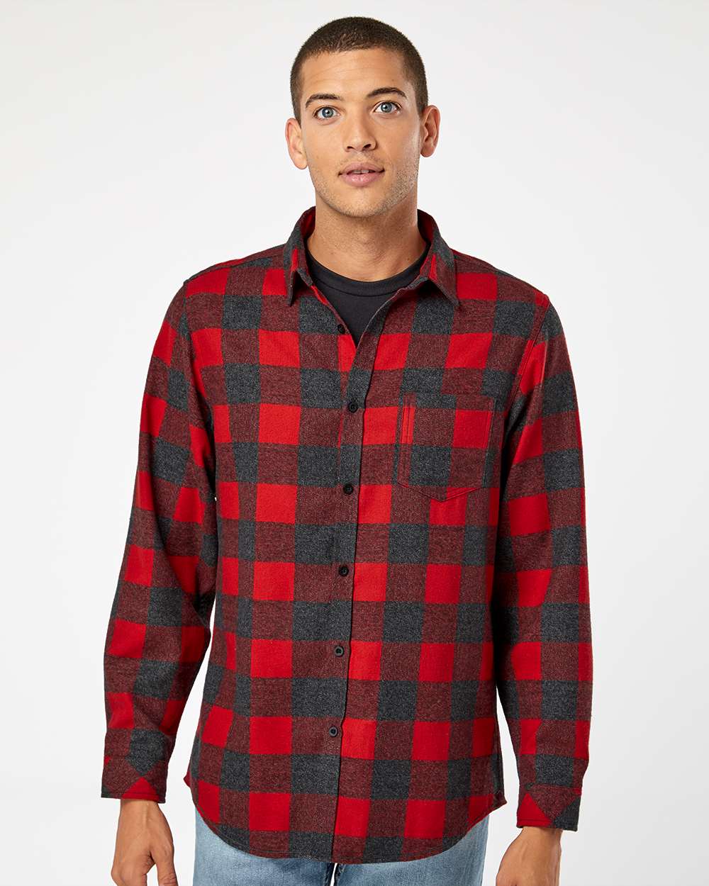 Men's Open Pocket Flannel Shirt - OnModelFront - B14786103 - Red/ Heather Black