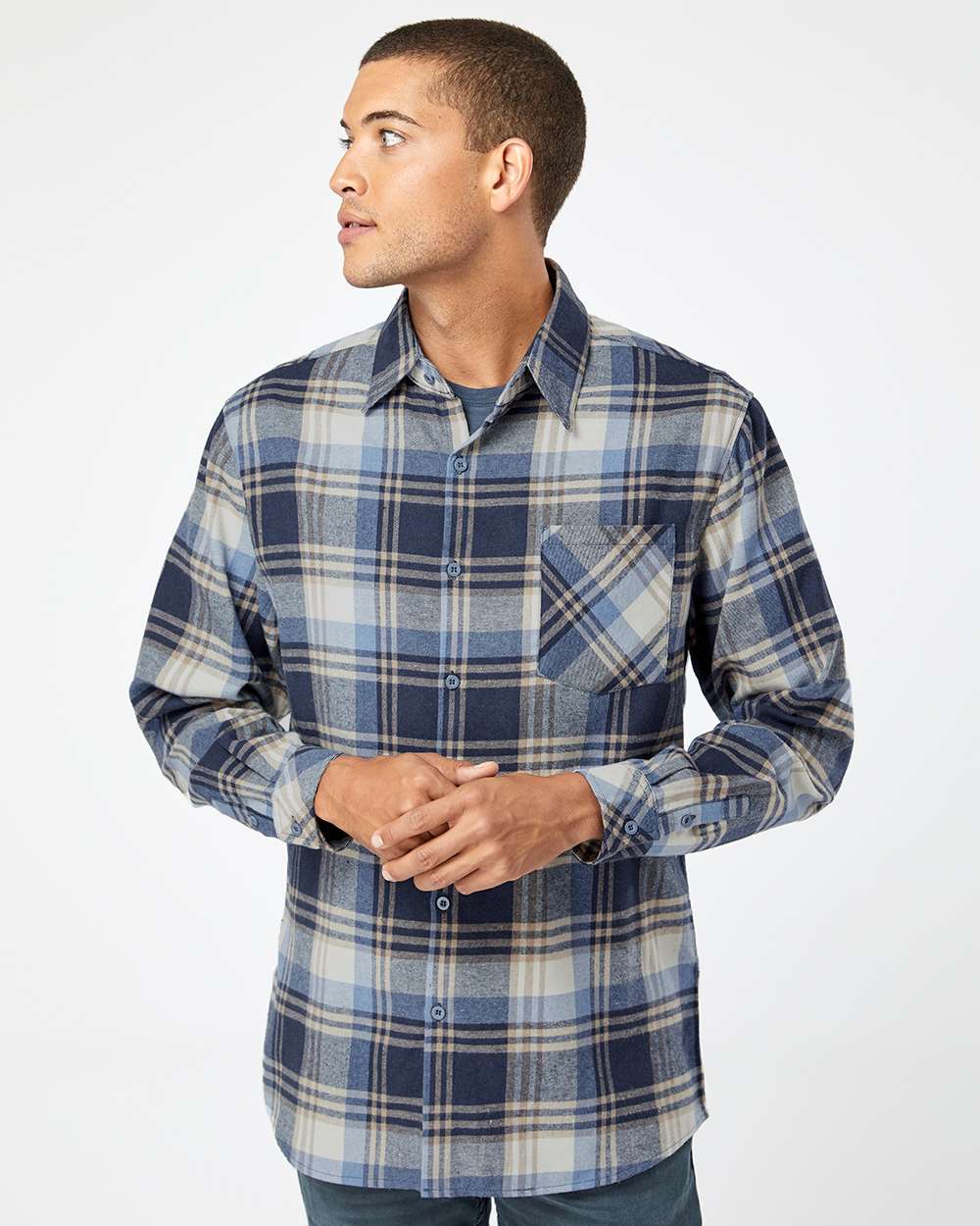 Men's Open Pocket Flannel Shirt - OnModelFront - B14786253 - Blue/ Ecru