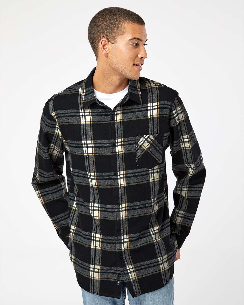 Men's Open Pocket Flannel Shirt - OnModelFront - B14786503 - Black/ Ecru