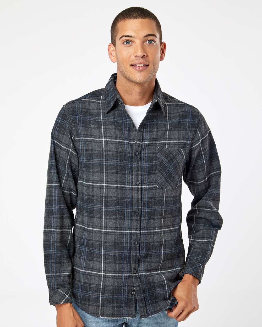 Men's Open Pocket Flannel Shirt - OnModelFront - B14786583 - Charcoal/ Blue