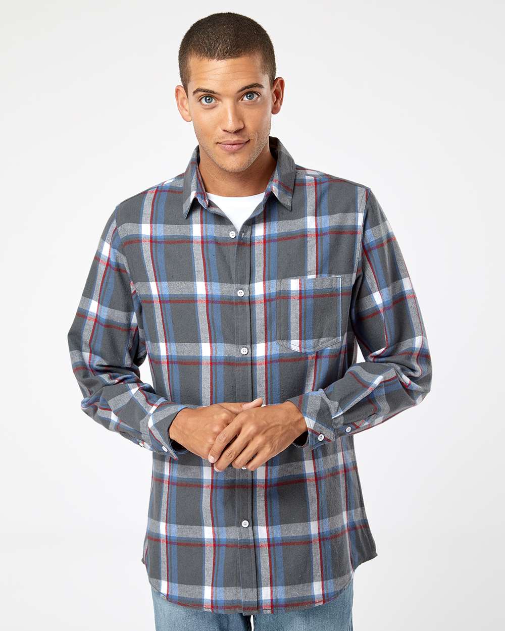 Men's Open Pocket Flannel Shirt - OnModelFront - B14786683 - Steel/ White