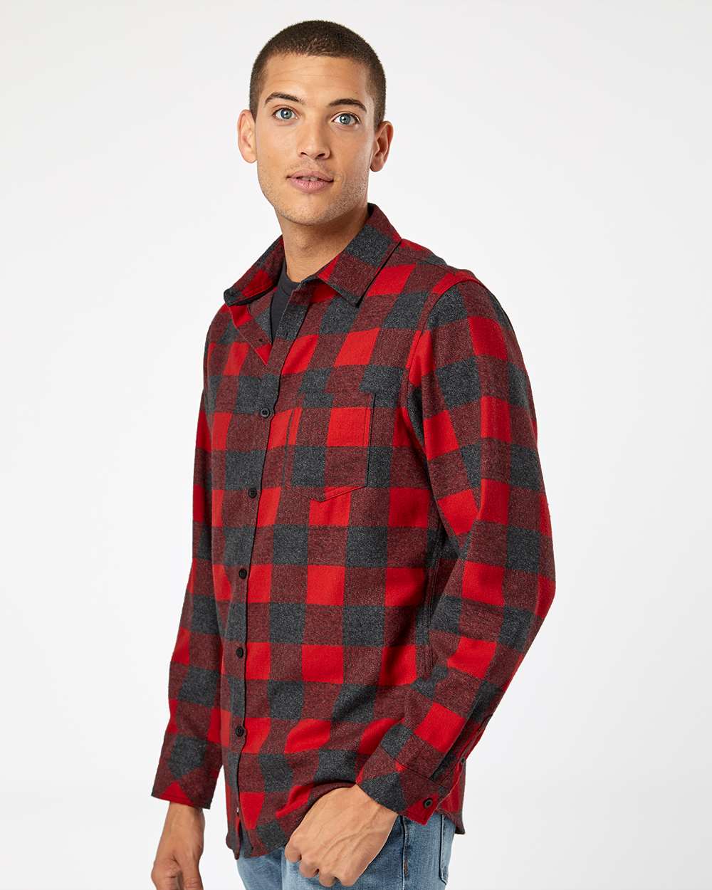 Men's Open Pocket Flannel Shirt - OnModelSide - B14786103 - Red/ Heather Black