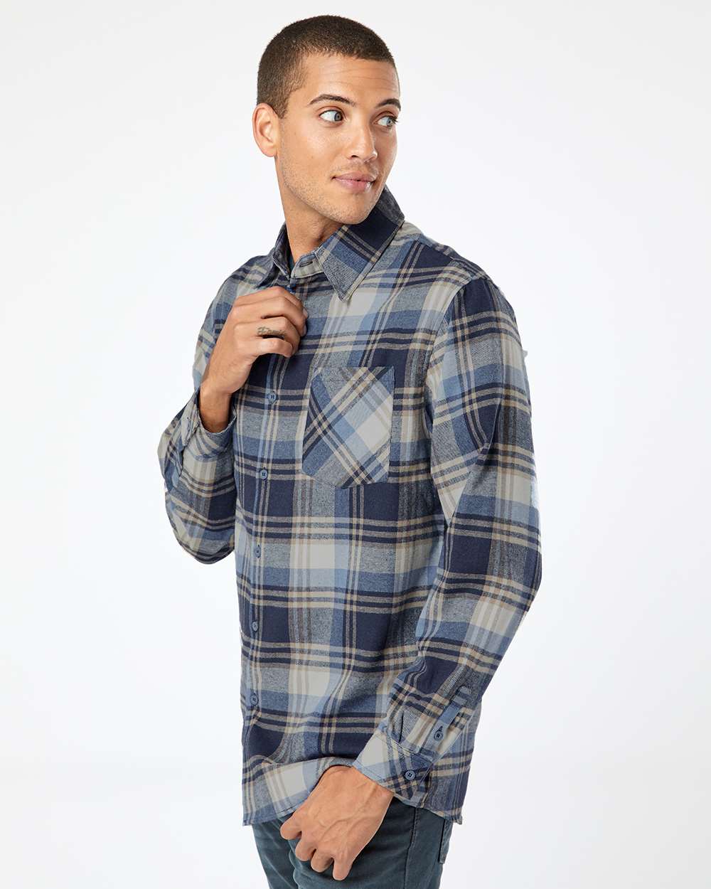 Men's Open Pocket Flannel Shirt - OnModelSide - B14786253 - Blue/ Ecru