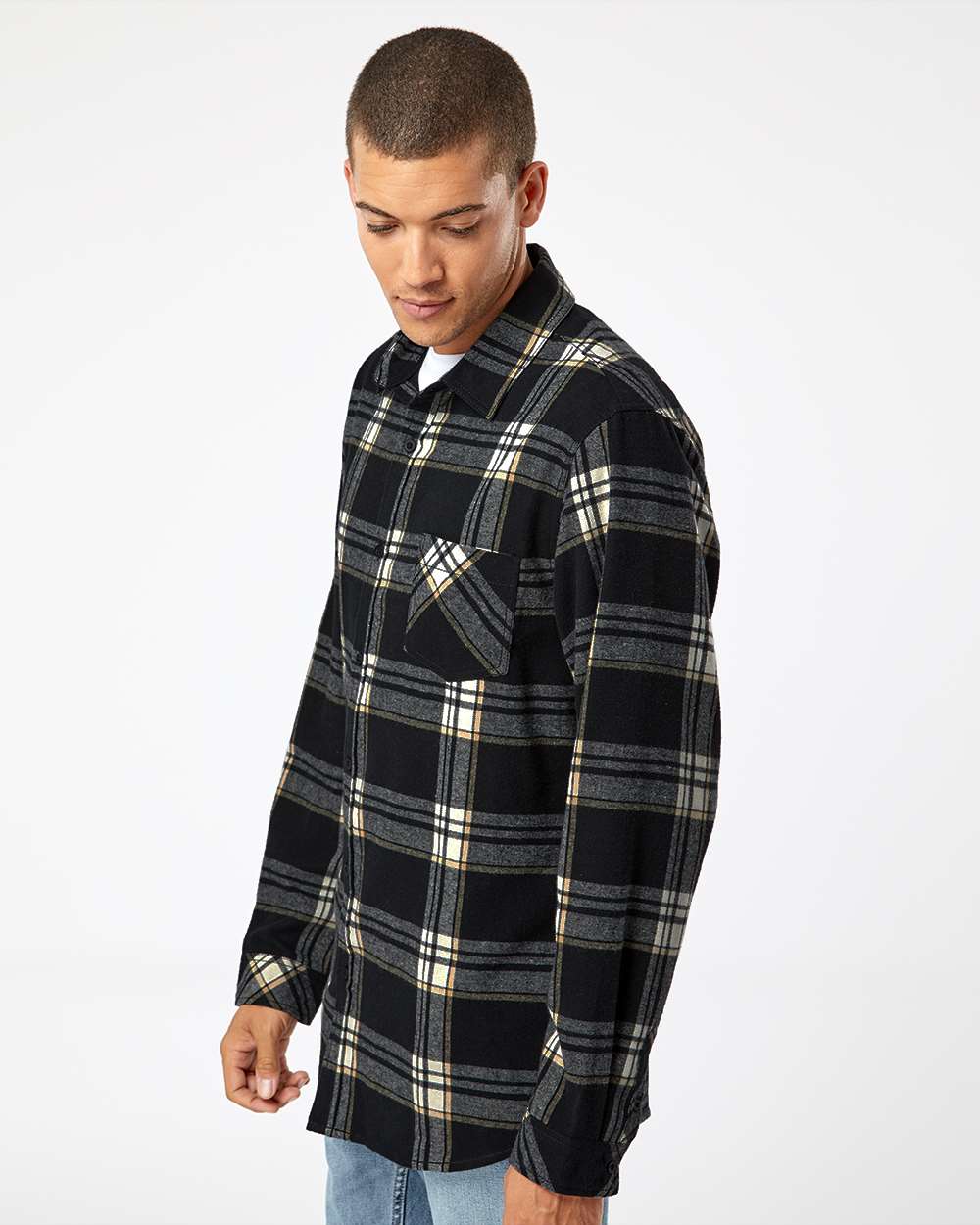 Men's Open Pocket Flannel Shirt - OnModelSide - B14786503 - Black/ Ecru