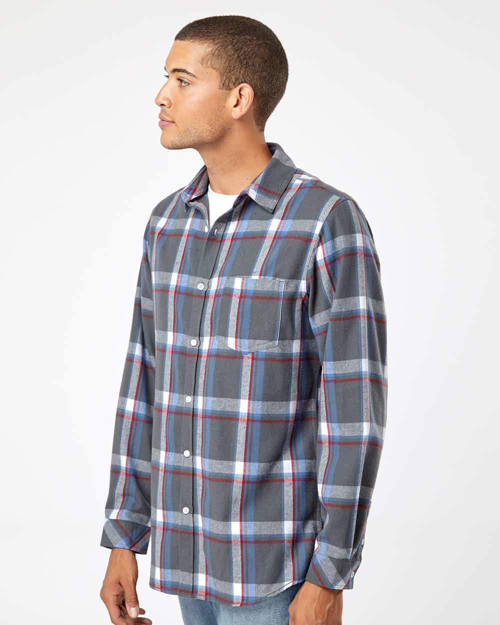 Men's Open Pocket Flannel Shirt - OnModelSide - B14786683 - Steel/ White