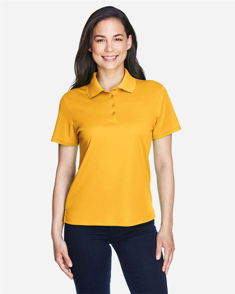 Women's Origin Performance Piqué Polo - OnModelFront - B205A7122 - Campus Gold