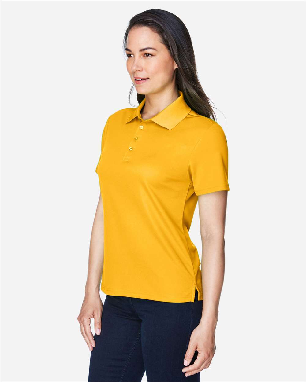 Women's Origin Performance Piqué Polo - OnModelSide - B205A7122 - Campus Gold
