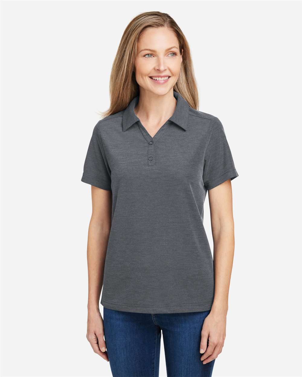 Women's Fusion ChromaSoft™ Pique Polo - OnModelFront - B280A7102 - Carbon Heather