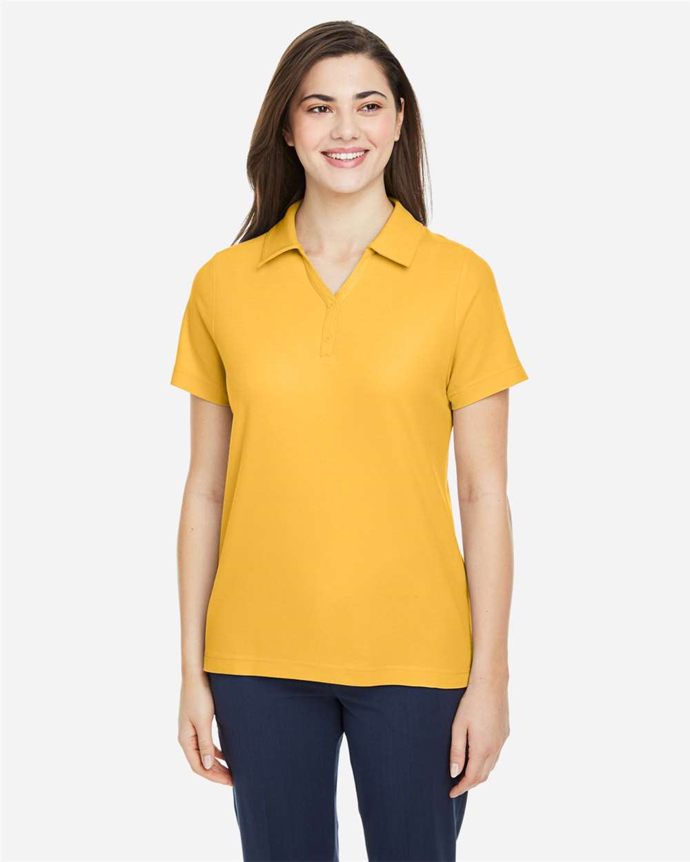 Women's Fusion ChromaSoft™ Pique Polo - OnModelFront - B280A7122 - Campus Gold