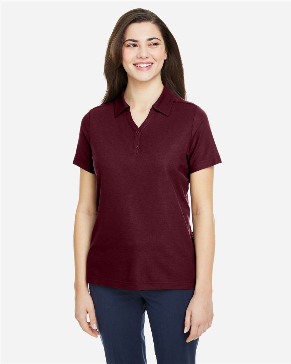 Women's Fusion ChromaSoft™ Pique Polo - OnModelFront - B280A7532 - Burgundy